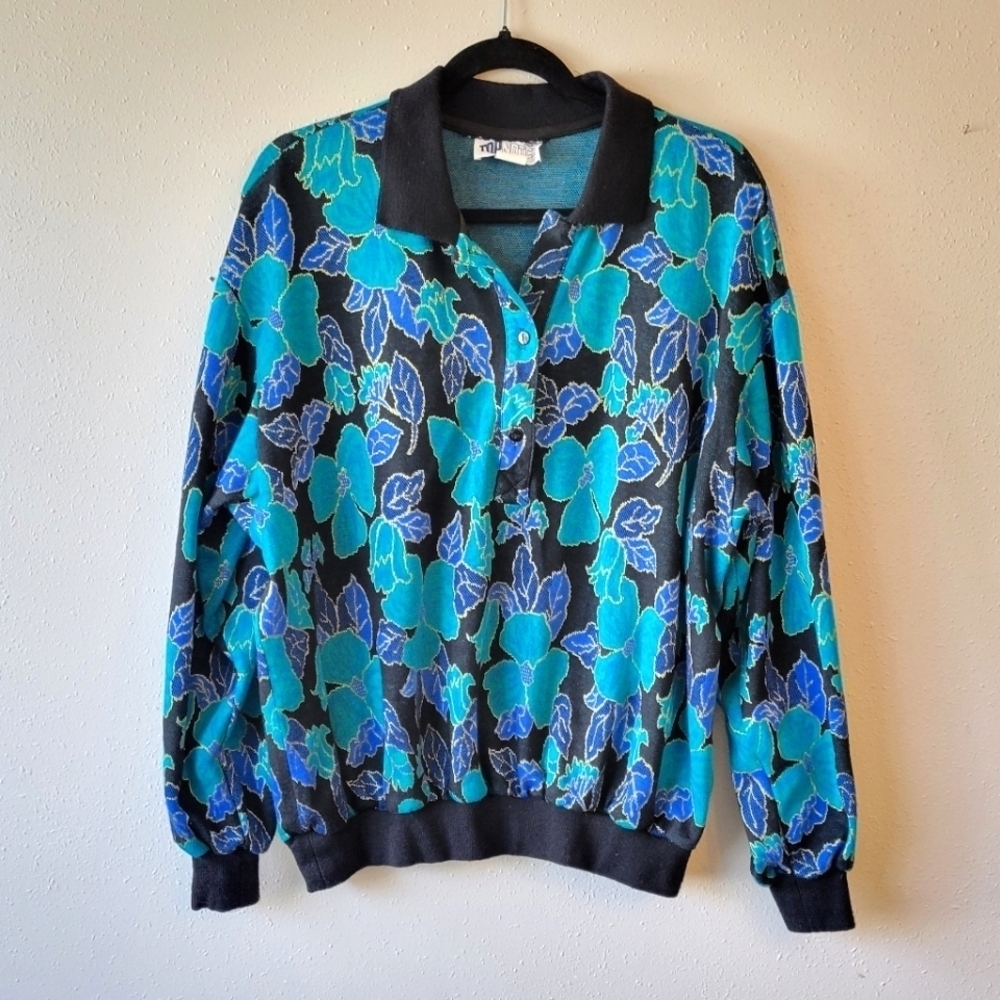 Vintage 90s Floral Knit Polo Sweater Blue Black Gold Disco Womens 1X Plus Size